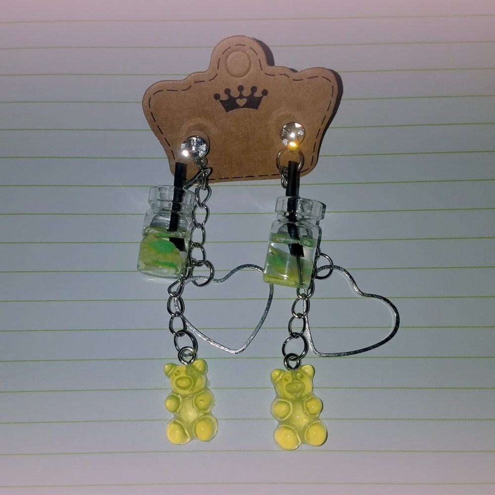 Fruit Soda Decor Resin Charm, Silver Heart Charm, Green Gummy Bear Y2K Earrings